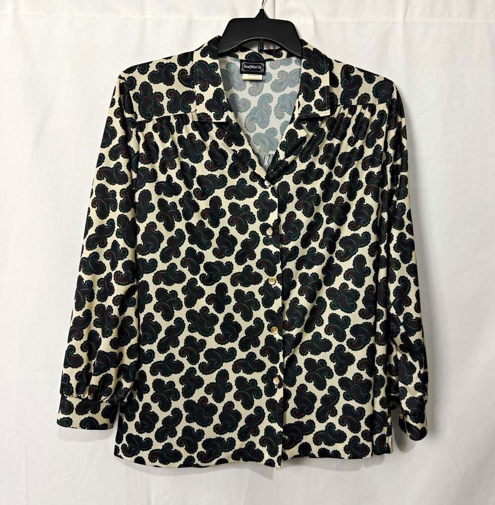 Vintage BonWorth Women XL Paisley Button-Down Blouse Long Sleeve Polyester